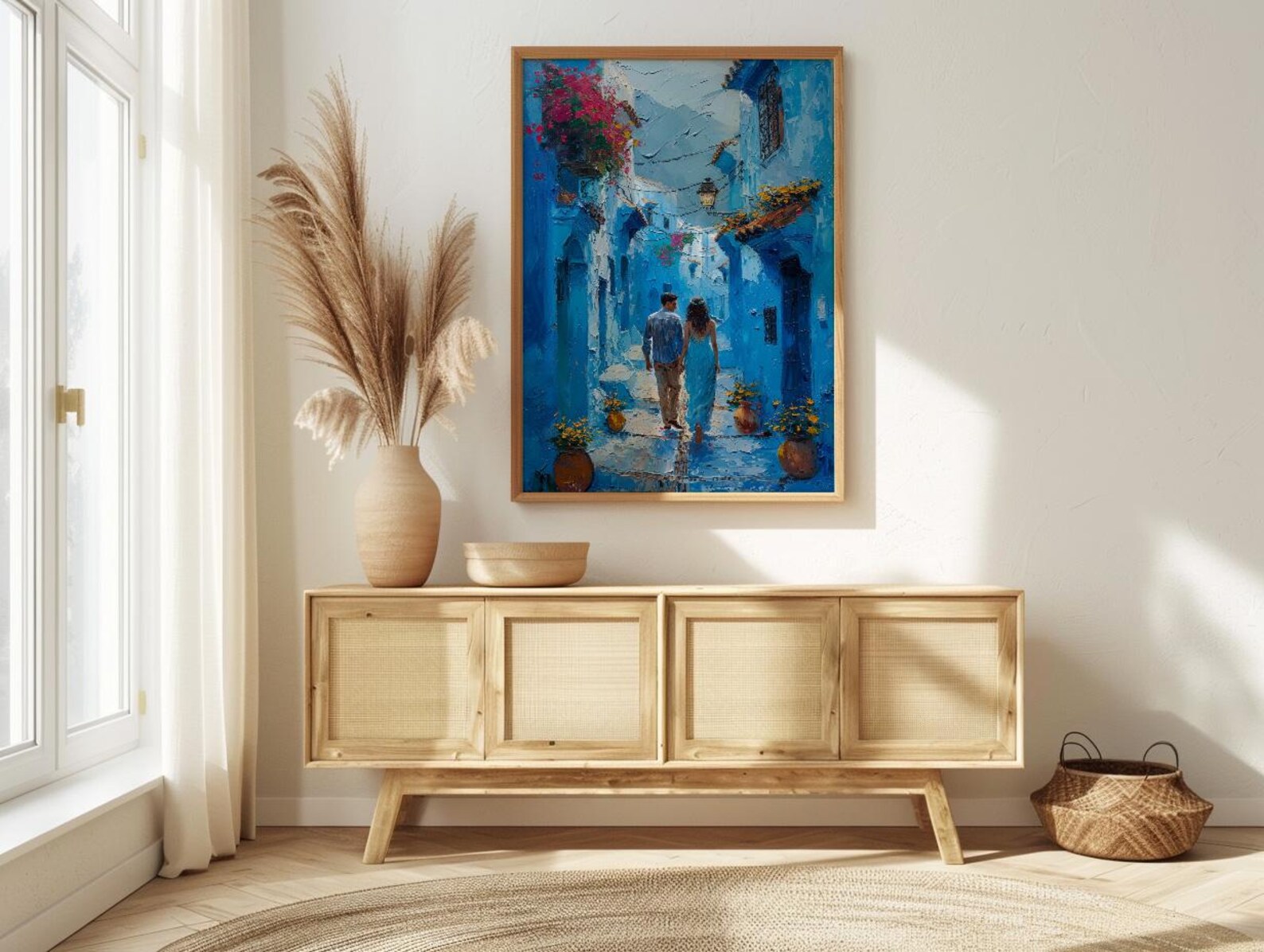 Chefchaouen Wall Art, Morocco Blue City, Boho Travel Print, Impasto Oil Painting, Narrow Street, Anniversary Gift, Colorful — view 5