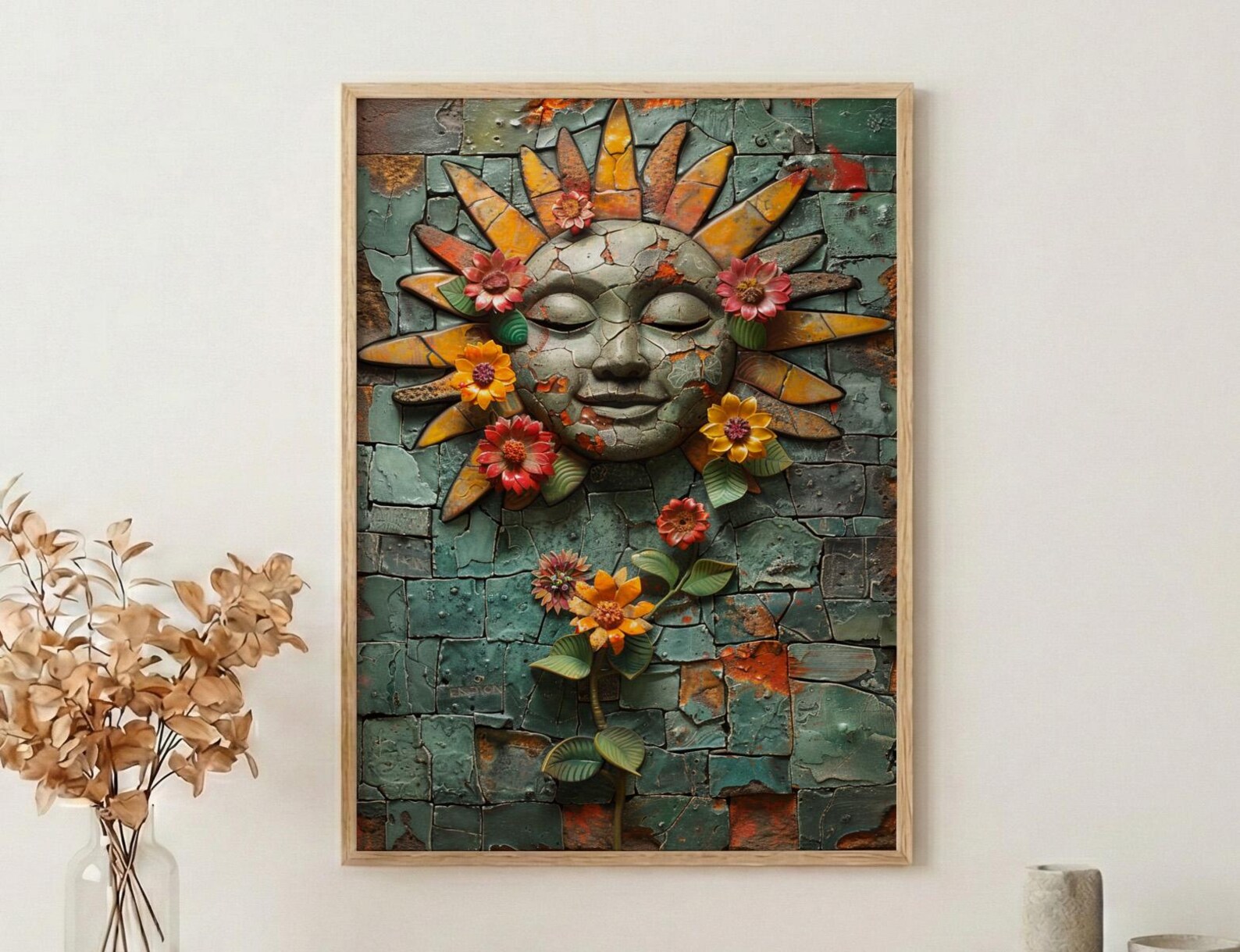 Aztec Art Print, Sun Stone Decor, Mexico History, Impasto Oil Painting, Ancient Symbol, Stone Texture, Aesthetic Room Decor