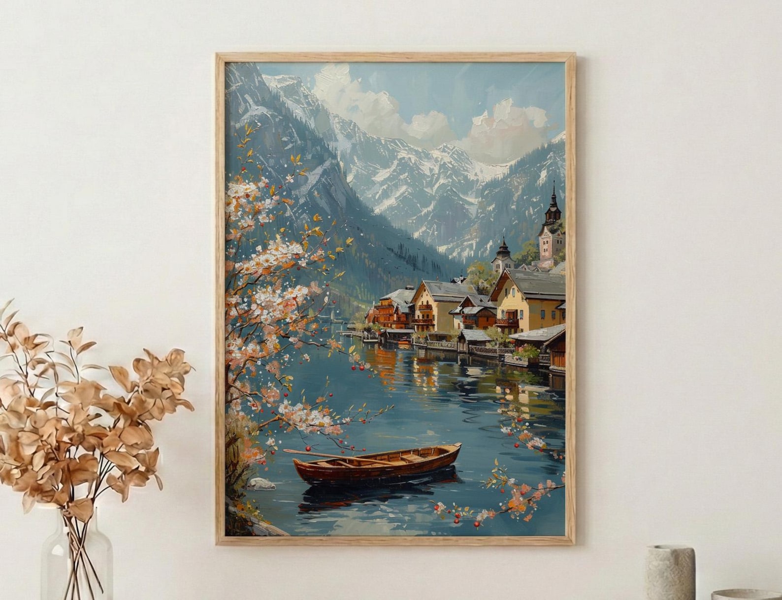 Hallstatt Alpine Village Art Print, Spring Lake Decor - Housewarming Gift