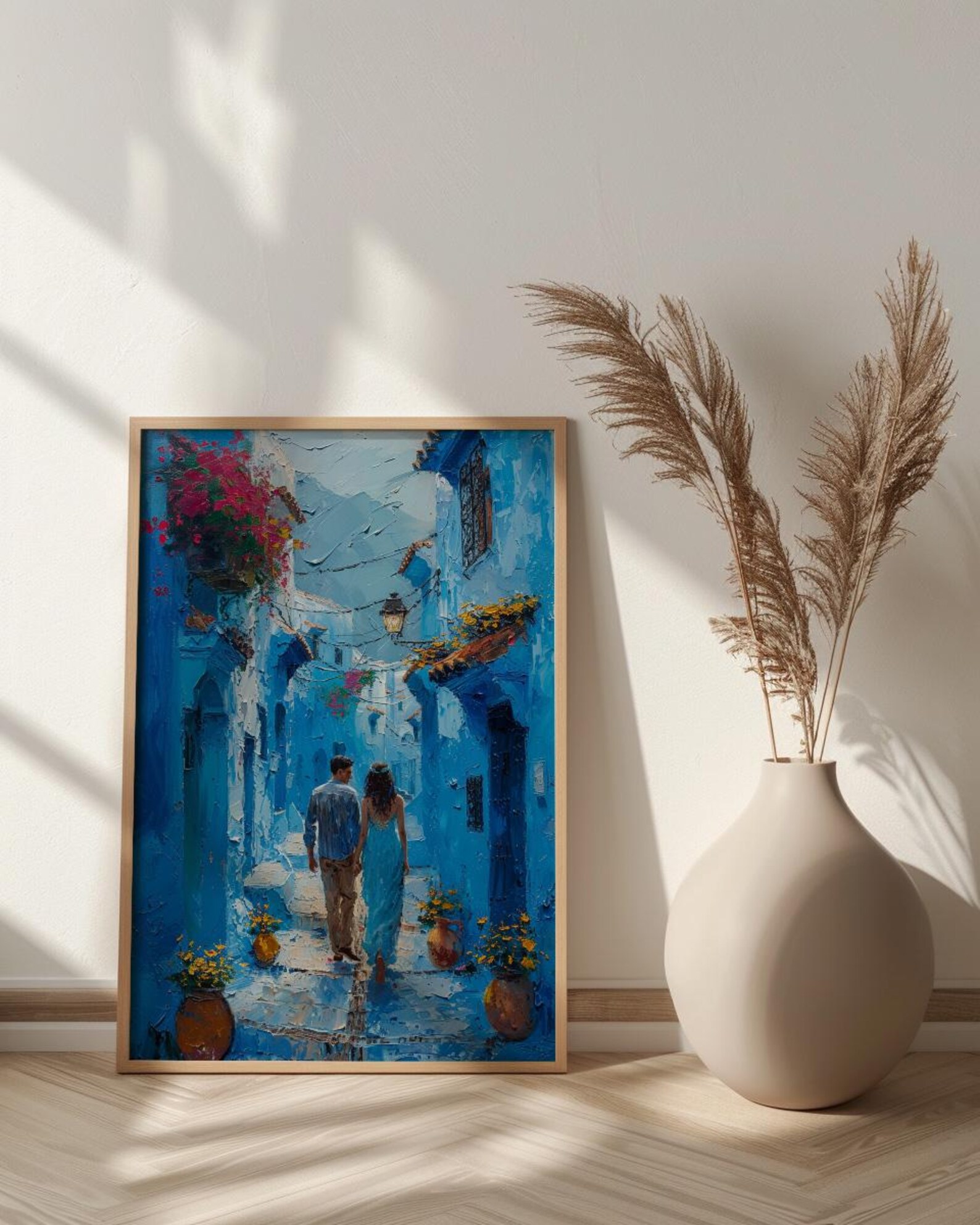 Chefchaouen Wall Art, Morocco Blue City, Boho Travel Print, Impasto Oil Painting, Narrow Street, Anniversary Gift, Colorful — view 6