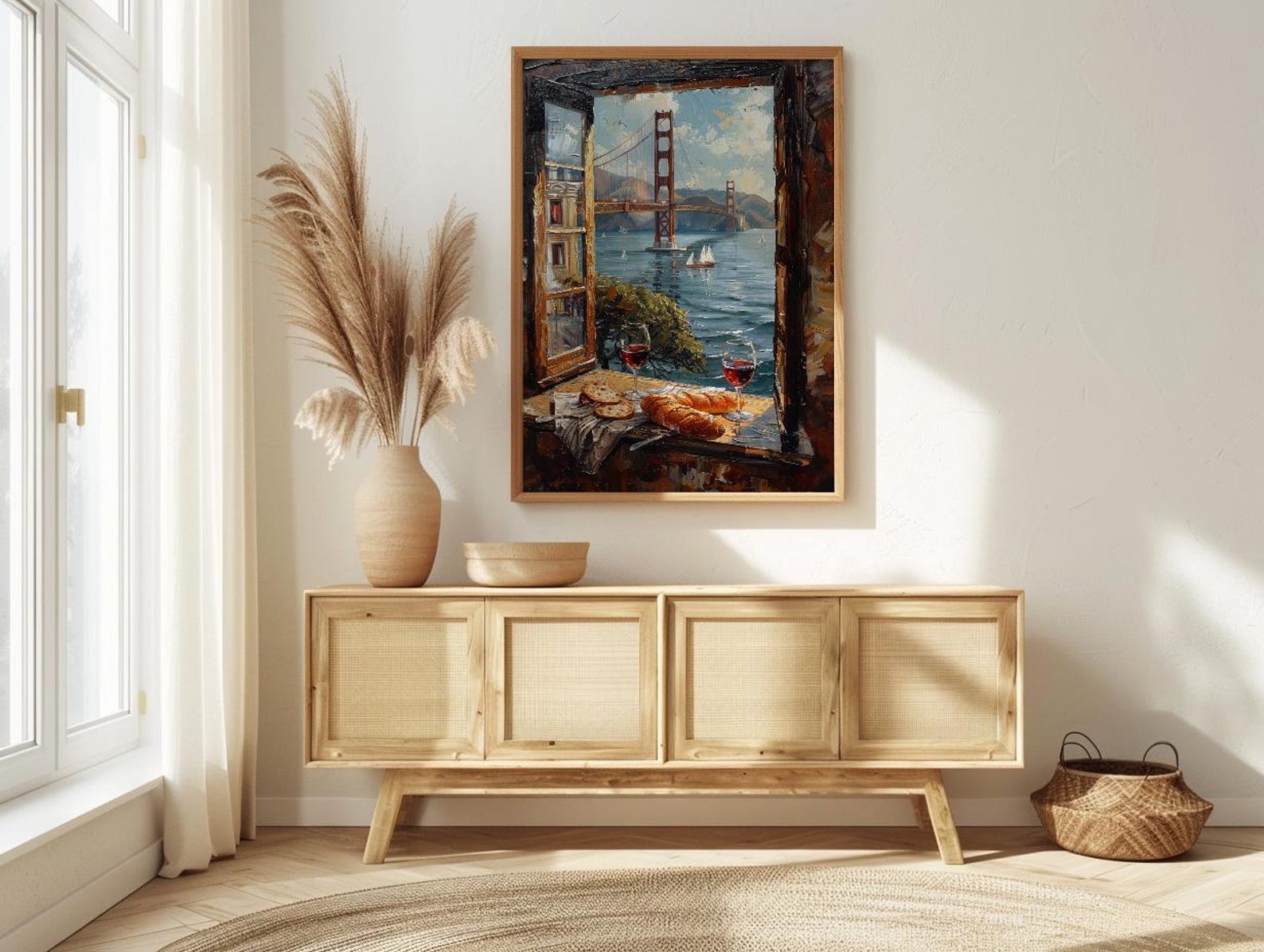 San Francisco Wall Art, Golden Gate Bridge Window View, Wine Decor Print, California Cityscape Painting — view 4