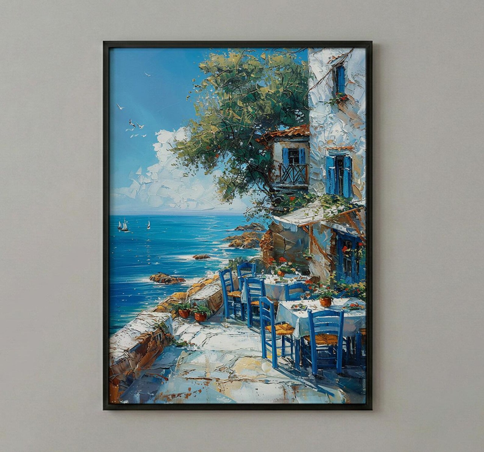 Greek Taverna Art, Greece Ocean Decor - Blue Chair Poster — view 3
