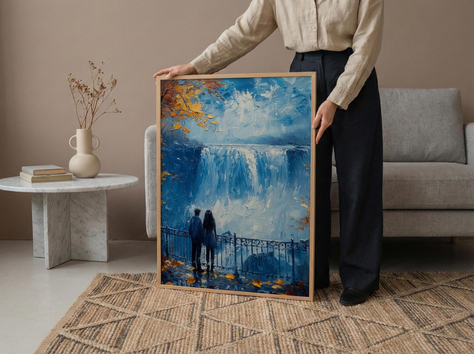 Niagara Falls Wall Art, Waterfall Landscape Print, Romantic Couple Painting, Nature Lover Gift, Impasto Water Art — view 5