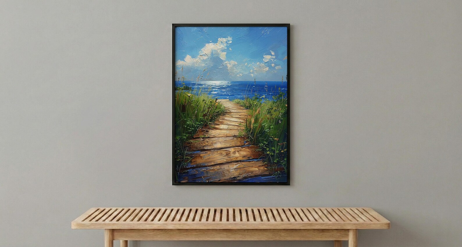 Wooden Boardwalk Lake Art Print, Green Summer Grass Decor - Hidden Blue Water View — view 6