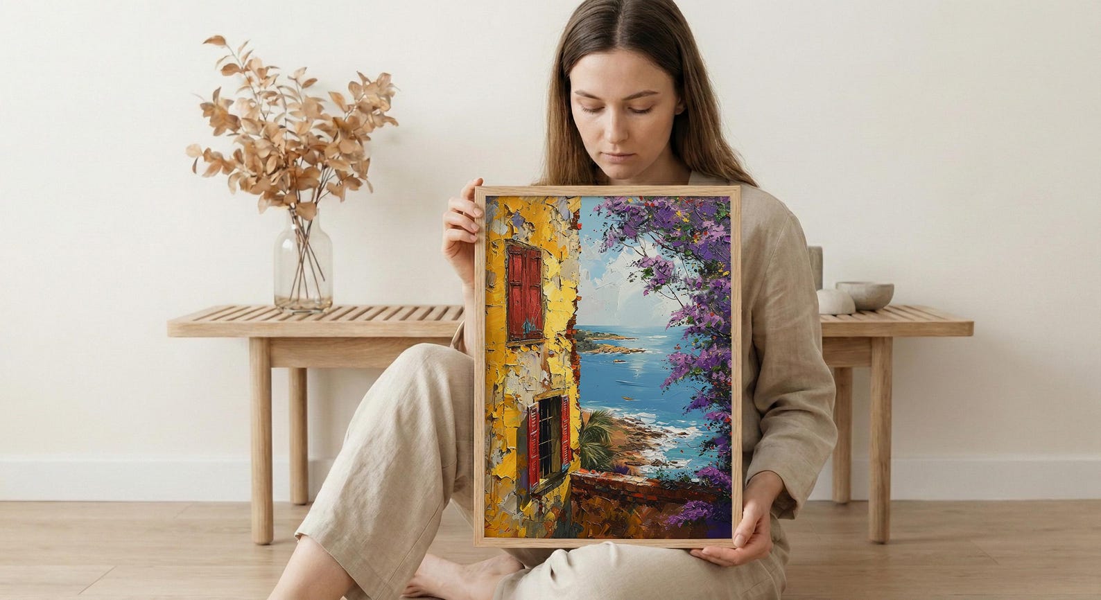 West African Wall Art, Senegal Goree Island Print, Colonial Yellow House, Impasto Jacaranda Painting, Nostalgic Travel Poster — view 5