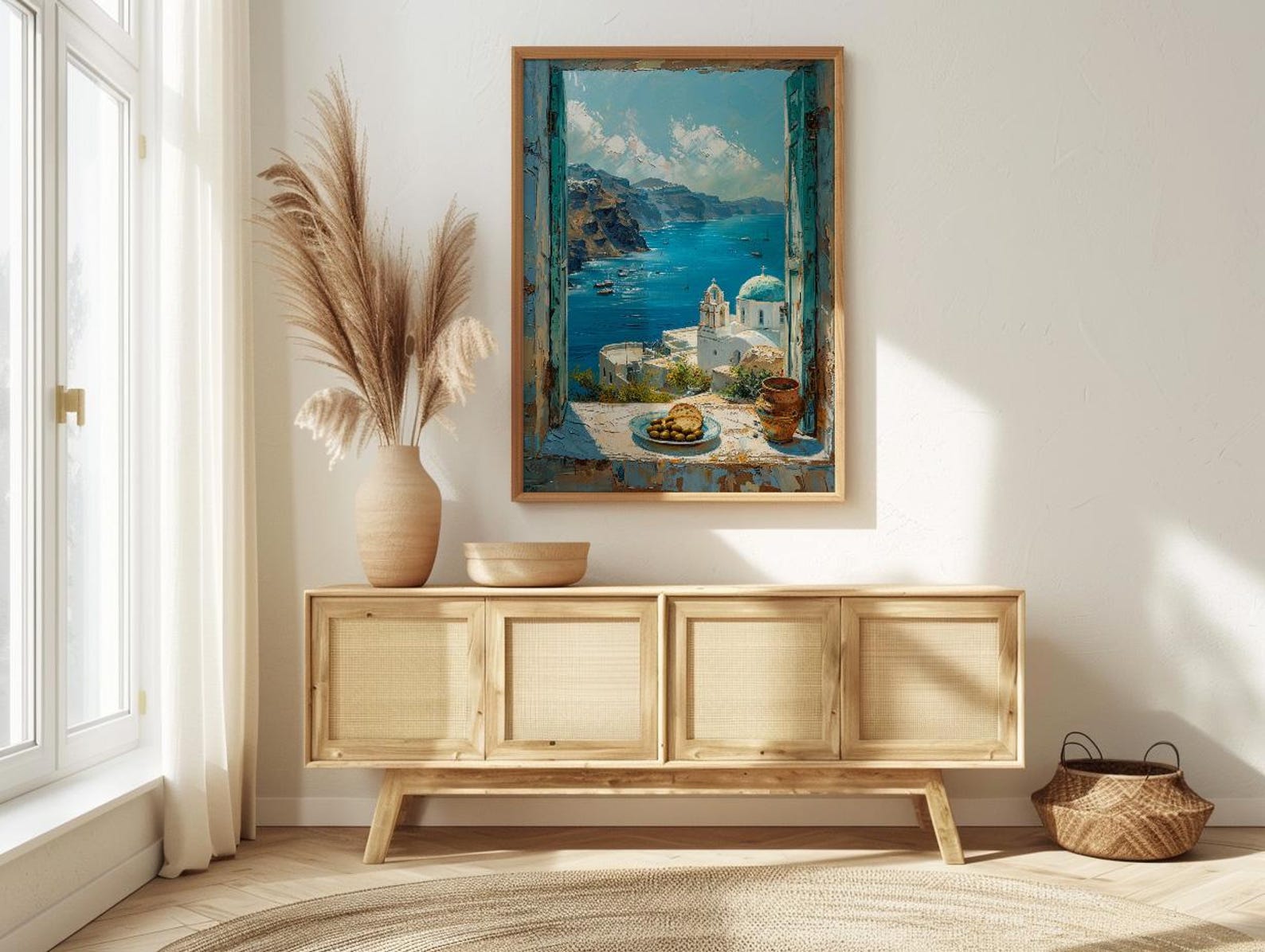 Santorini Window Art Print, Blue Dome Decor - Aegean Sea Greek Landscape — view 4