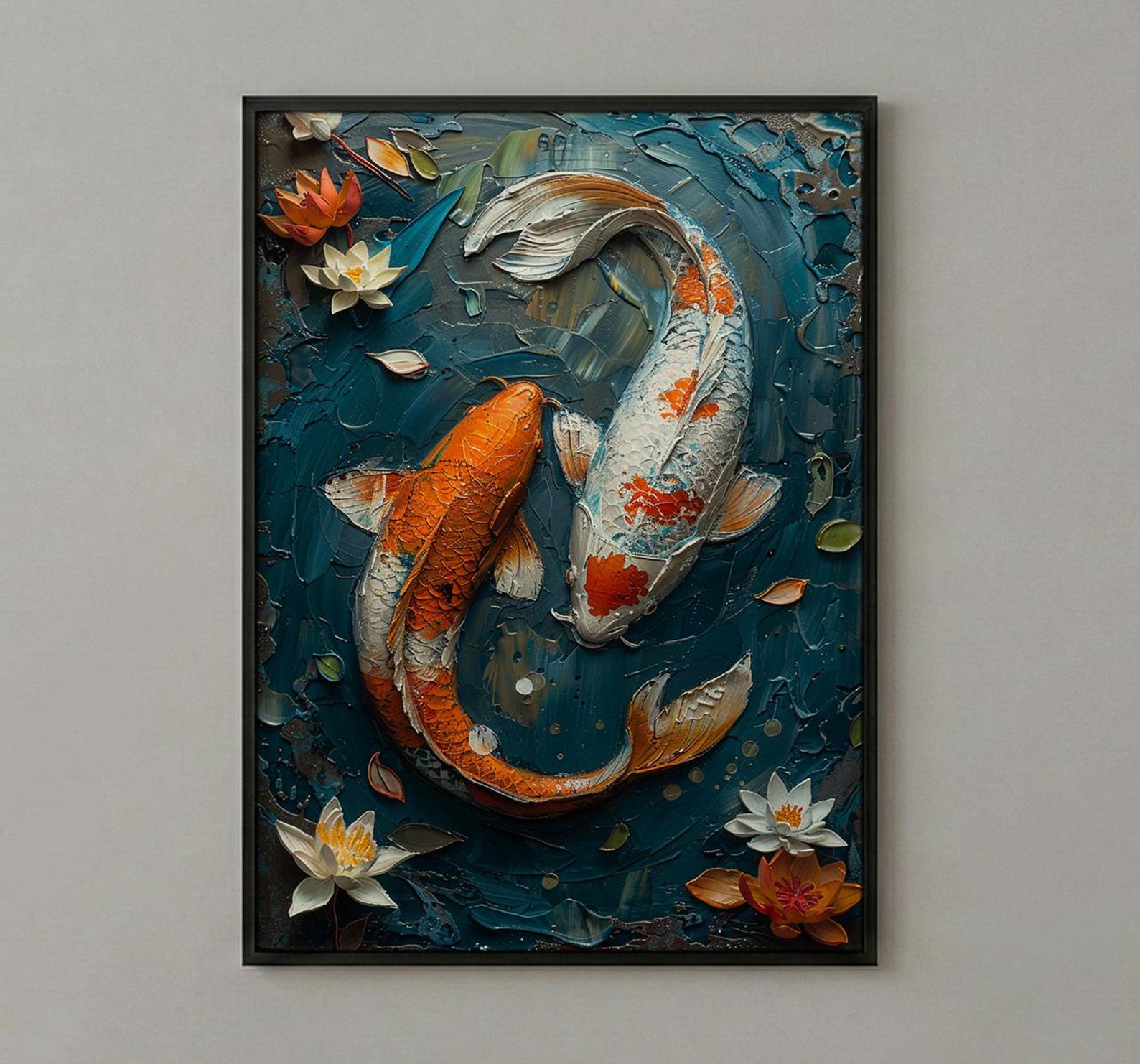 Koi Fish Art, Yin Yang Love, Pond Painting, Impasto Oil Painting, Feng Shui Decor, Zen Garden Print, Good Luck Gift — view 2