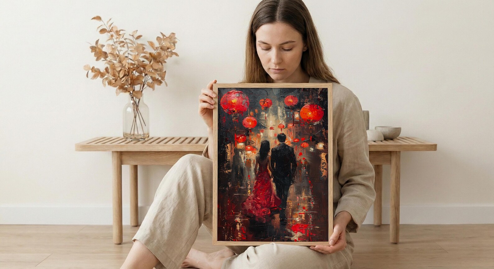 Chinese Lanterns Wall Decor, Red Silk Dress Art - Thick Oil Painting Style — view 6