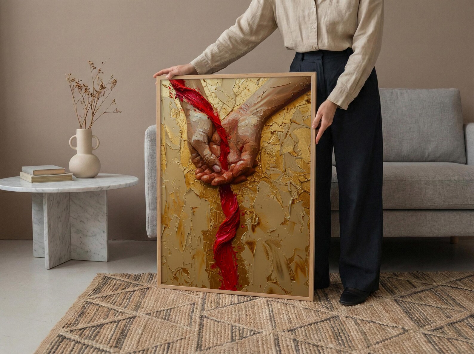 Red Thread of Fate, Soulmate Art, Japanese Legend, Impasto Oil Painting, Minimalist Love Gift, Destiny Print, Hand Gesture — view 6