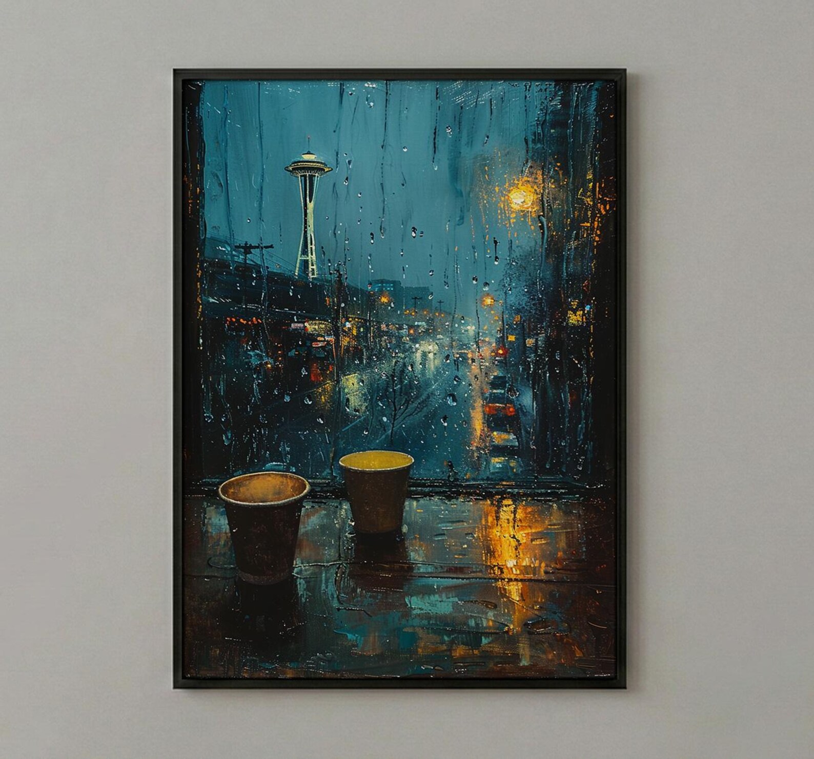 Seattle Wall Art, Rainy Window View, Space Needle Print, Coffee Lover Decor, Moody City Painting — view 3