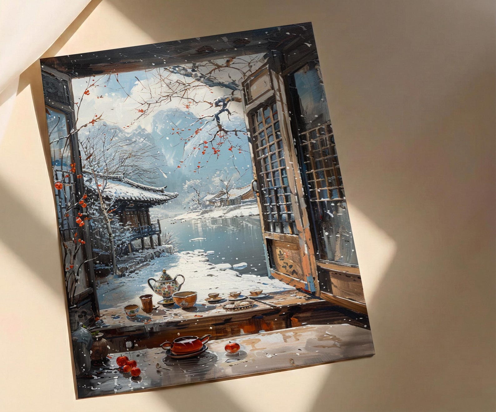 Korea Window Wall Art, Hanok Village Decor - Winter Snowy Tea Set — view 4