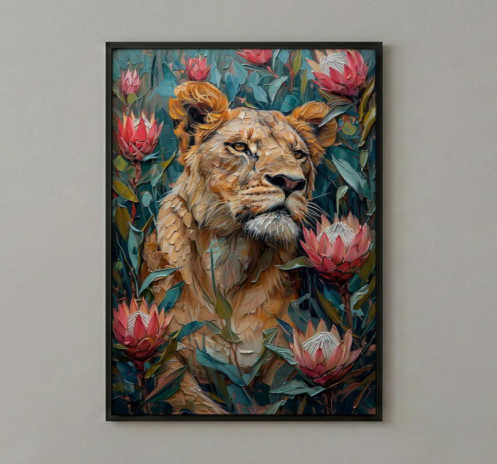 Lioness King Protea Wall Decor, African Wildlife Floral Print - Textured Impasto Oil Painting