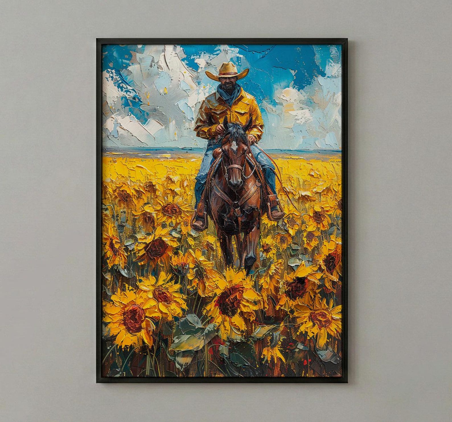 Western Horse Wall Art, Cowboy Blooming Sunflower Field Decor - Bright Yellow Summer Nature View — view 2
