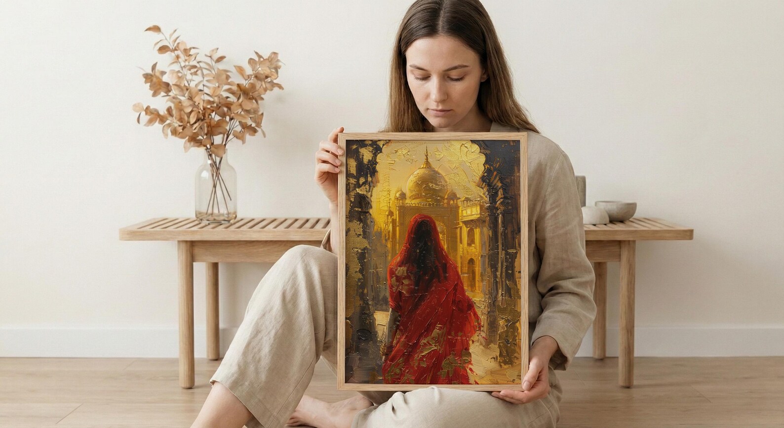 Indian Woman in Red Sari Oil Painting Poster, Golden Temple Art Print, Mystical India Wall Art, Luxury Cultural Decor, Impasto Style Print — view 6