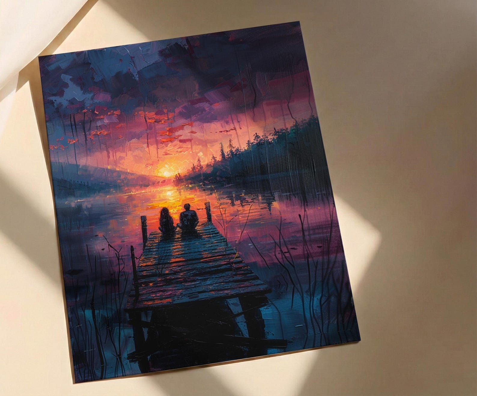 Lake Sunset Wall Decor, Peaceful Dock Romantic Art - Palette Knife Painting Style — view 3