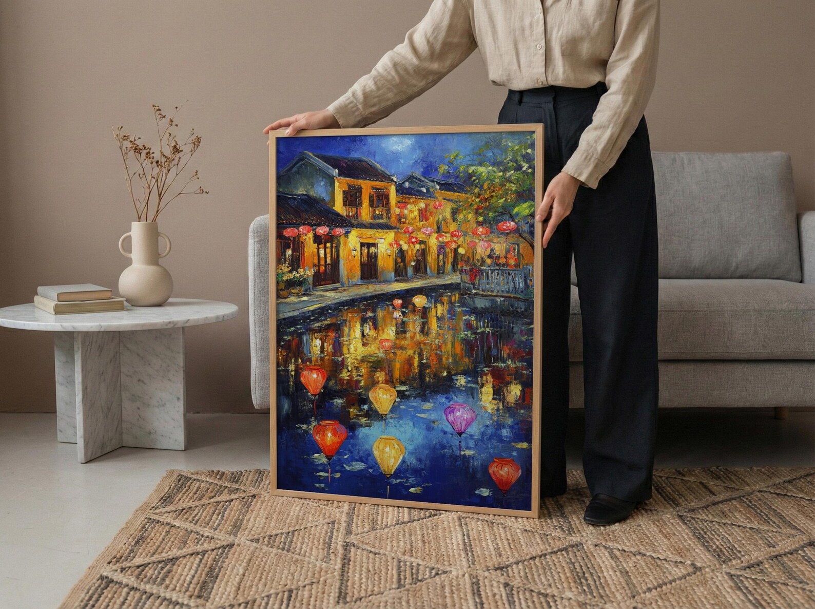 Vietnam Hoi An Oil Painting Poster, Colorful Lanterns Night Art Print, Ancient Town River Scene, Asian Travel Decor, Impasto Style Wall Art — view 5