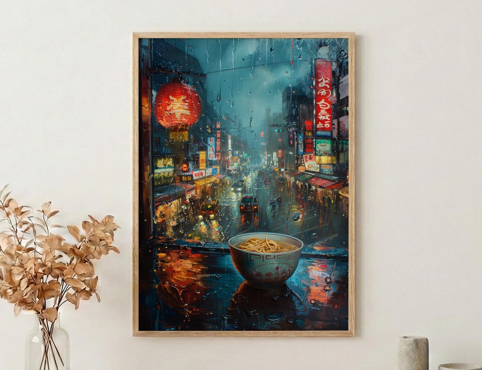 Tokyo Window Poster, Cyberpunk Neon Decor - Rainy City Ramen Bowl
