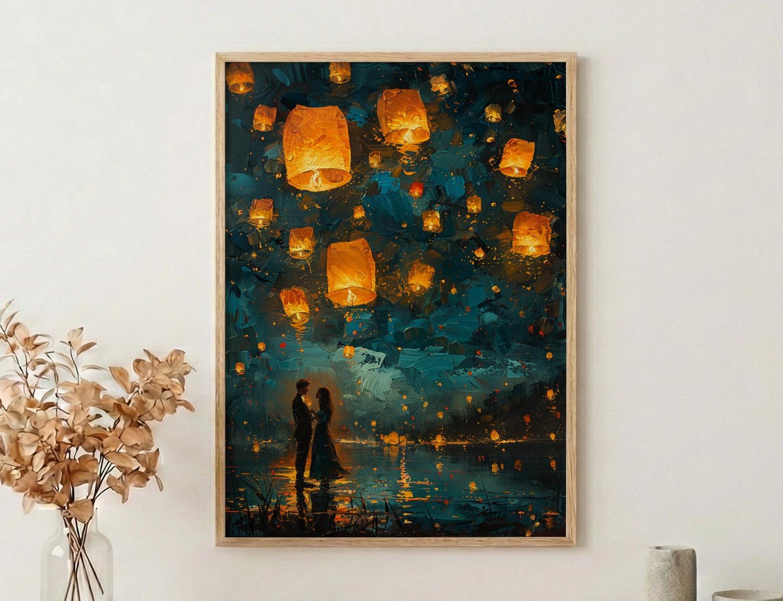 Thailand Wall Art, Floating Lantern Print, Yi Peng Festival, Impasto Oil Painting, Magical Night, Engagement Gift, Chiang Mai — view 2