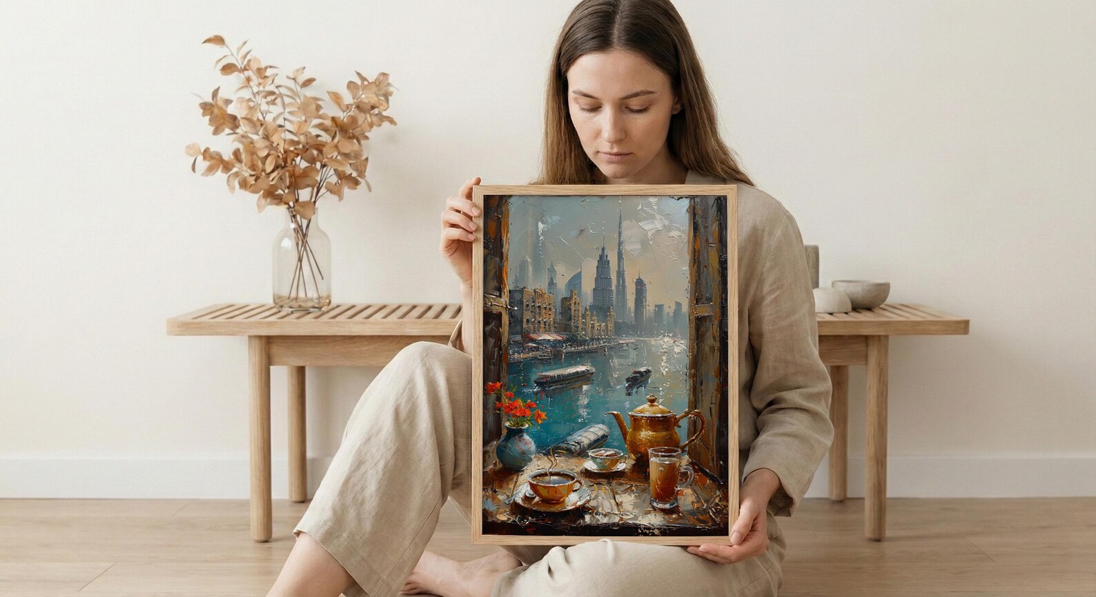 Dubai Window Art Print, Skyline Decor - Burj Khalifa Arabic Coffee — view 5