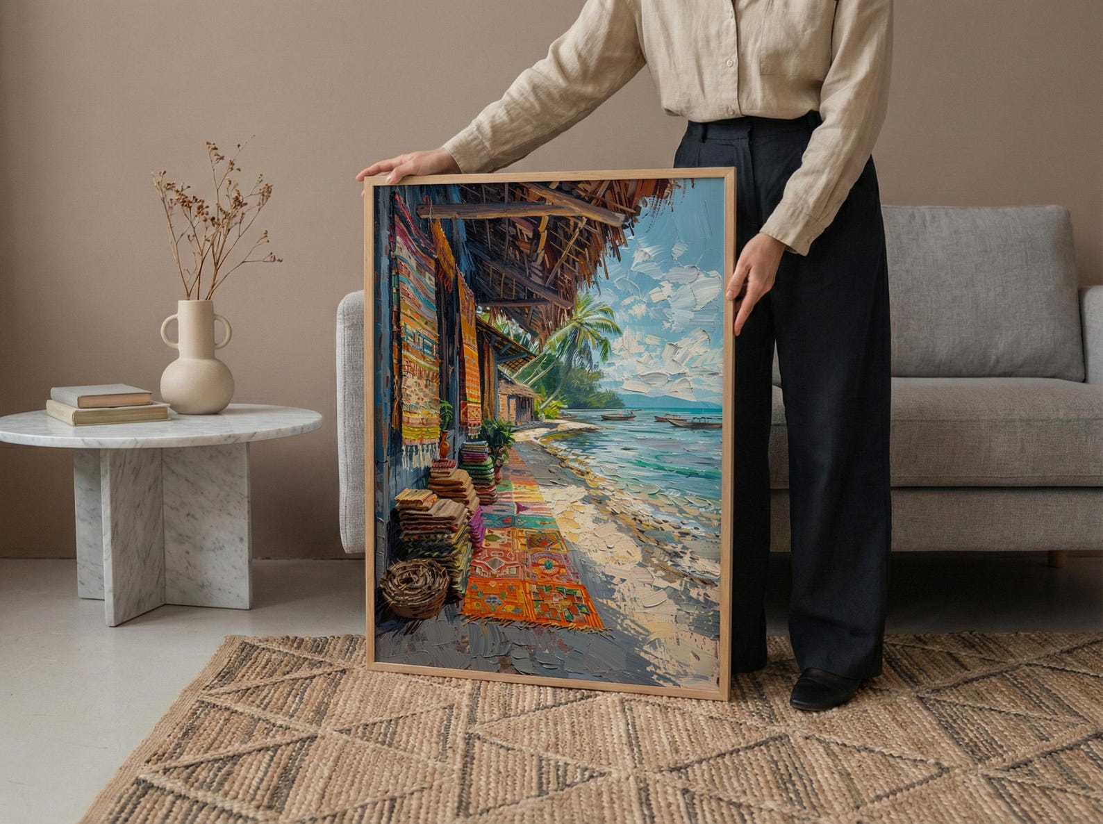 Tonga Craft Market Art Print, Traditional Tapa Home Decor - Woven Mat Town Summer Setting — view 5