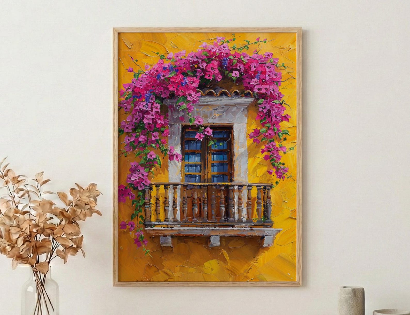 Cartagena Colombia Oil Painting Poster, Pink Bougainvillea Art Print, Yellow Wall Decor, Latin American Balcony Wall Art, Impasto Floral