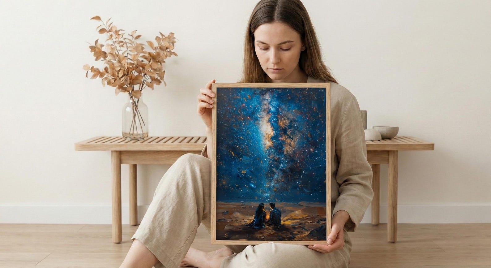 Sahara Desert Art Print, Night Sky Poster, African Milky Way Wall Art, Romantic Campfire Decor, Blue Gold Painting — view 6