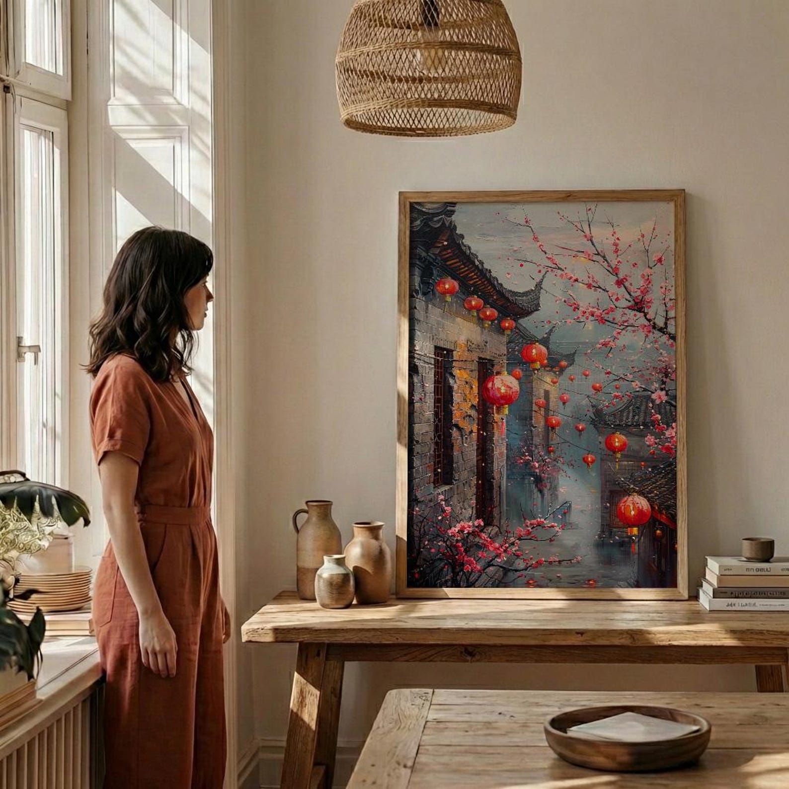 China Wall Art, Red Lantern Print, Plum Blossom Decor, Impasto Oil Painting, Grey Brick Wall, Traditional Asian — view 3