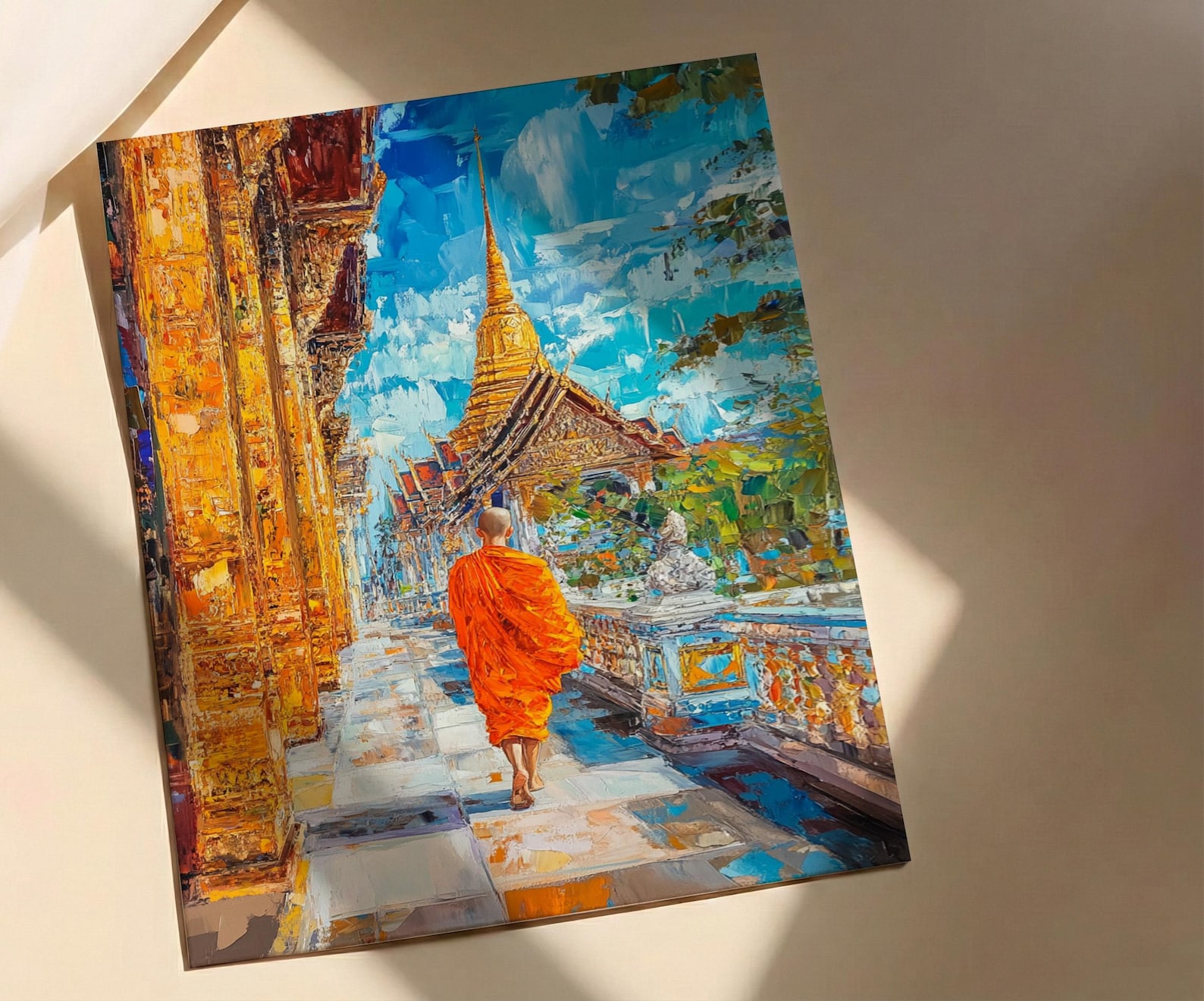 Thai Buddhist Monk Oil Painting Poster, Golden Temple Bangkok Art Print, Spiritual Asia Wall Art, Meditation Decor, Impasto Architecture — view 4