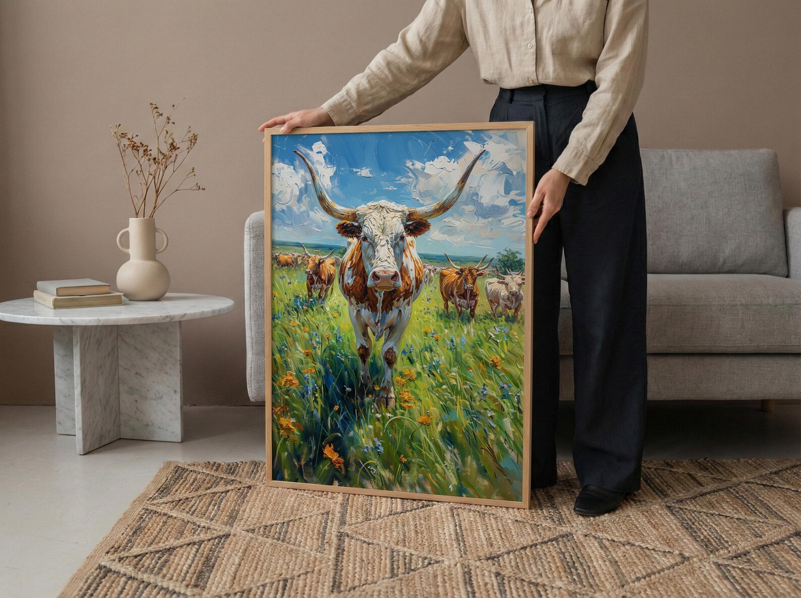 Texas Longhorn Cattle Poster, Western Animal Nature Decor - Lush Green Summer Pasture Blue Sky — view 6