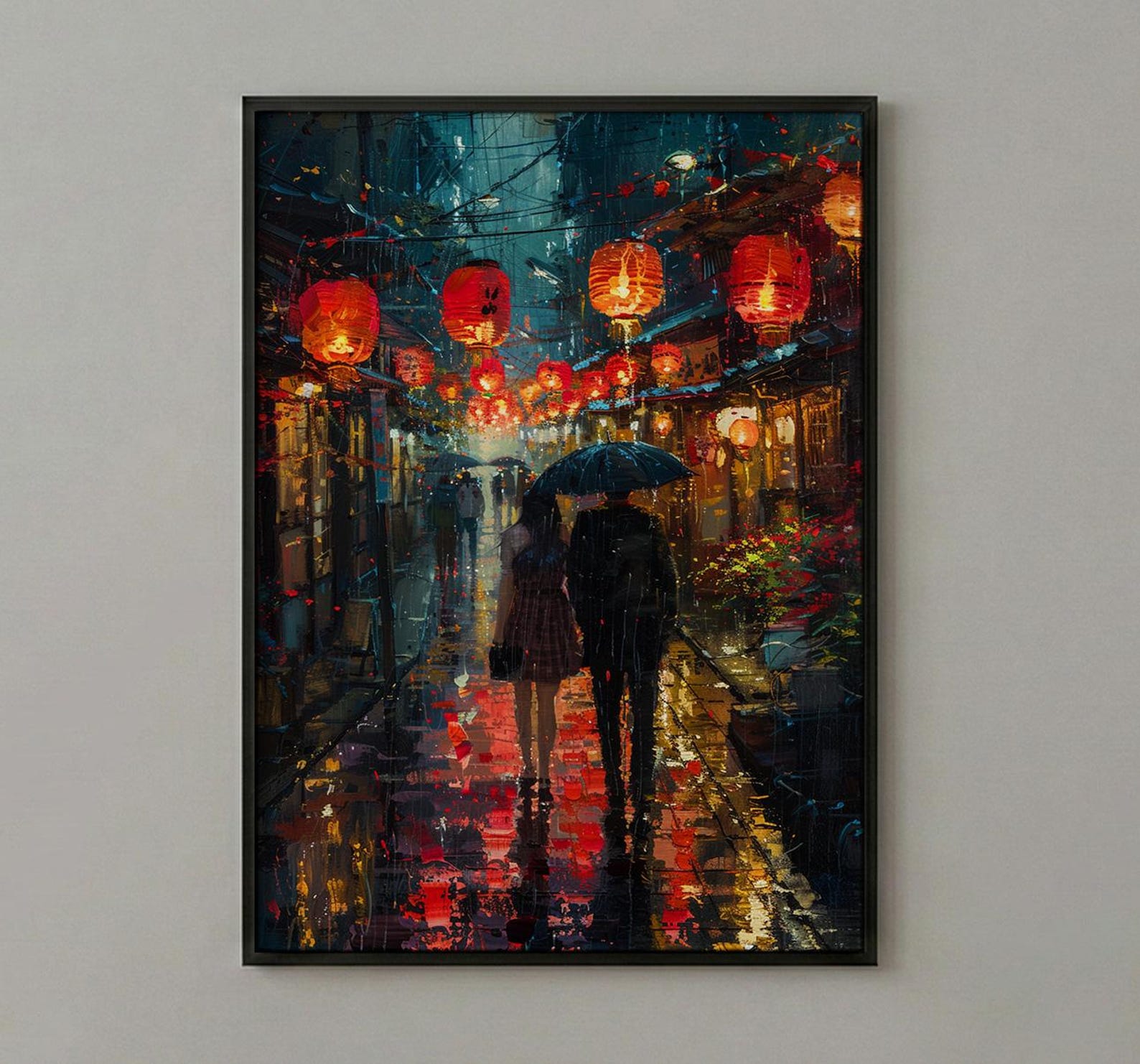 Kyoto Street Art, Japan Night Print, Rainy Cityscape, Impasto Oil Painting, Red Lanterns, Moody Decor, Anniversary Gift