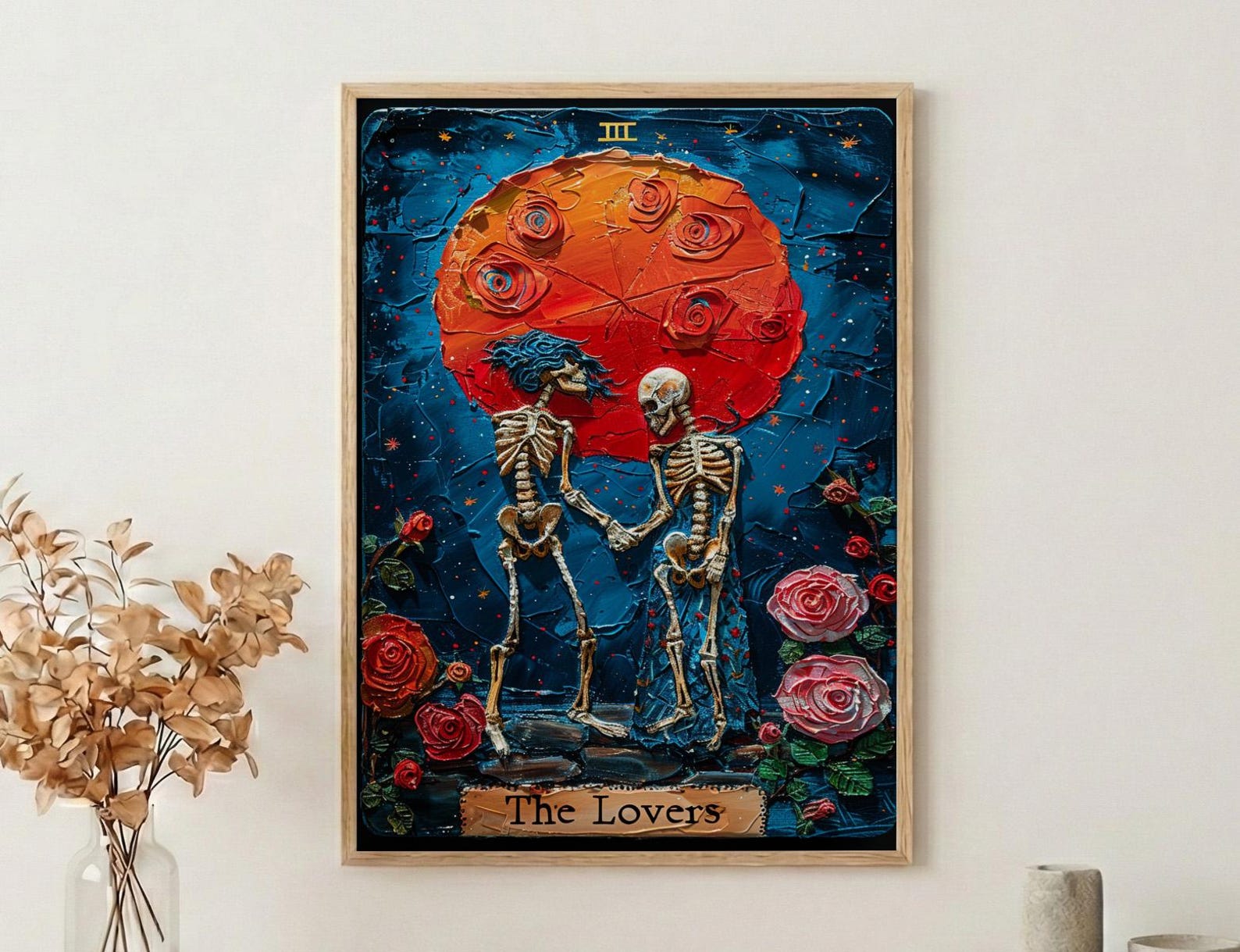 The Lovers Tarot Card Print, Skeleton Art, Gothic Wall Decor, Impasto Oil Painting, Mystical Skull Art, Witchy Gift, Occult Poster