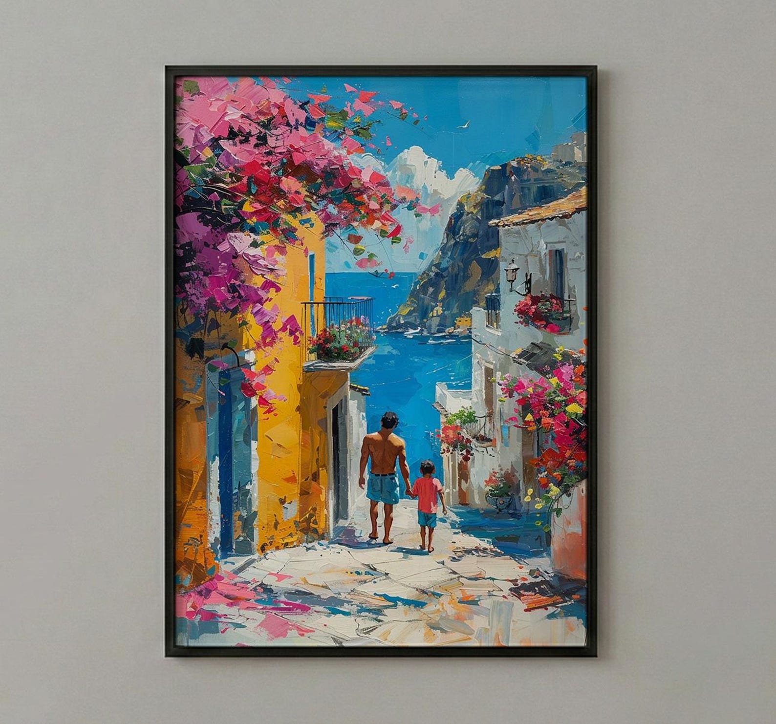 Mexican Village Art Print, Father And Son Poster - Colorful Family Decor — view 2