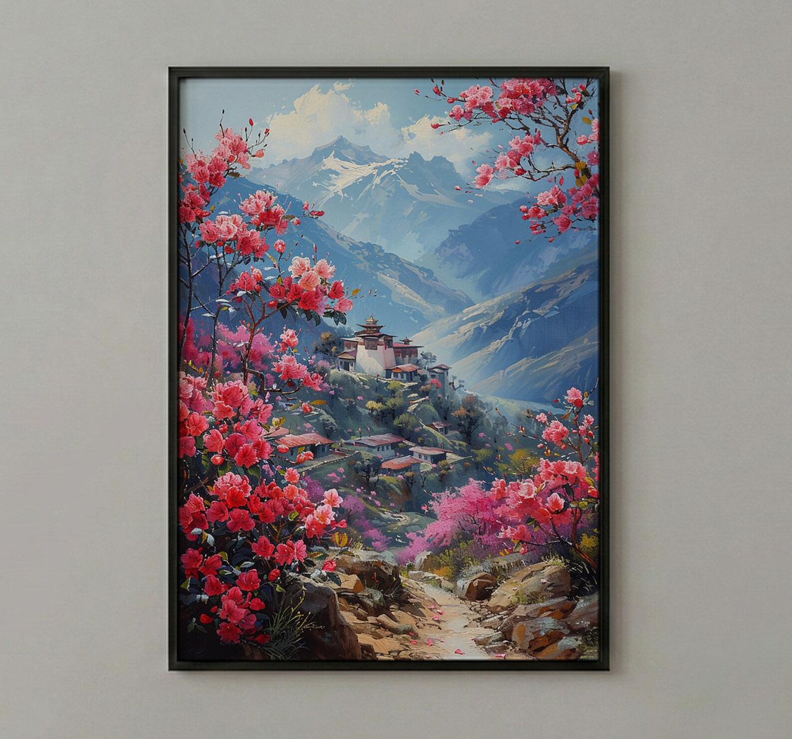Bhutan Mountain Valley Wall Art, Red Rhododendron Decor - Living Room Decor — view 3