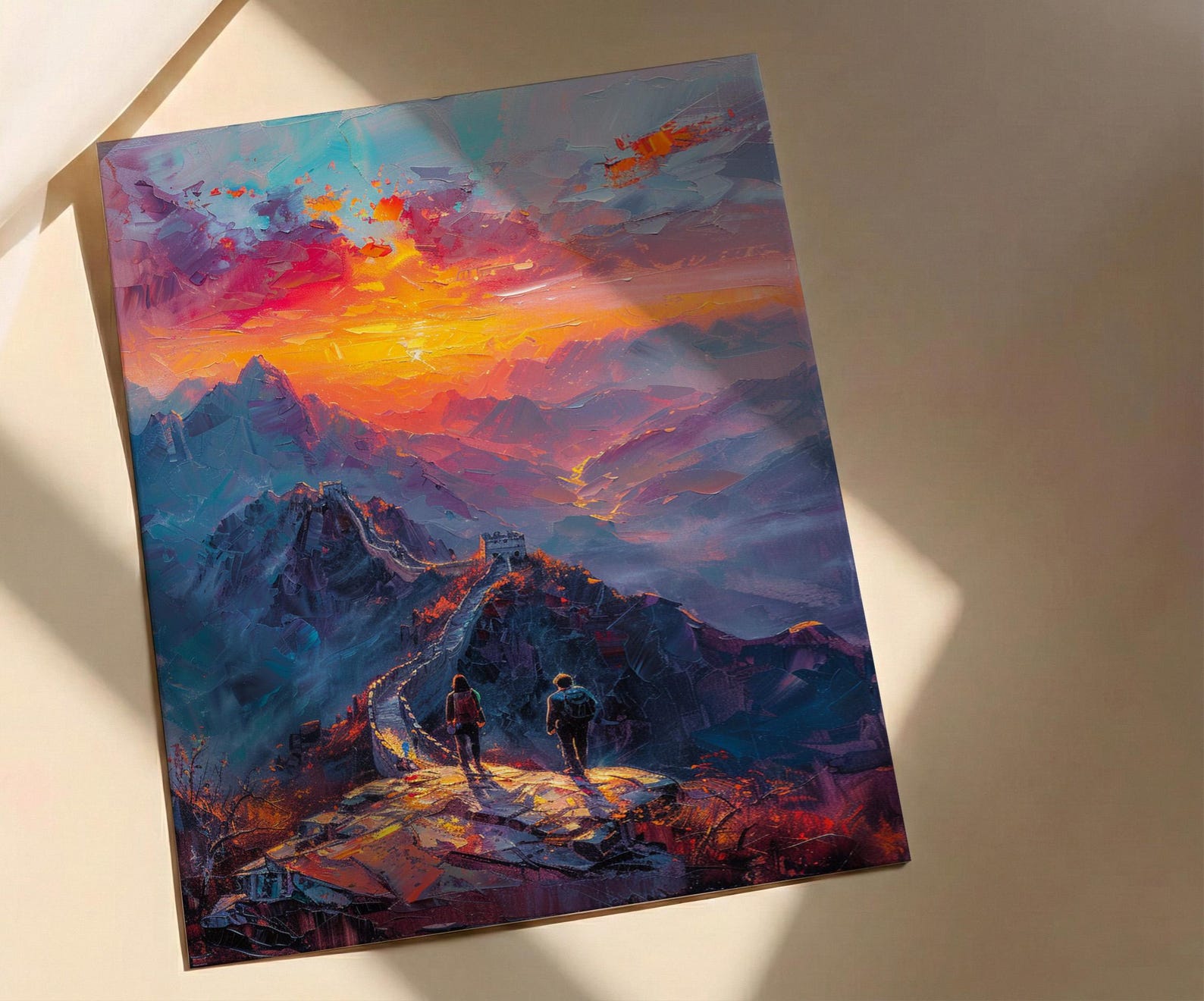 China Art Print, Great Wall Poster, Ancient Sunrise Wall Art, Couple Hiking Painting, Asian History Decor — view 2
