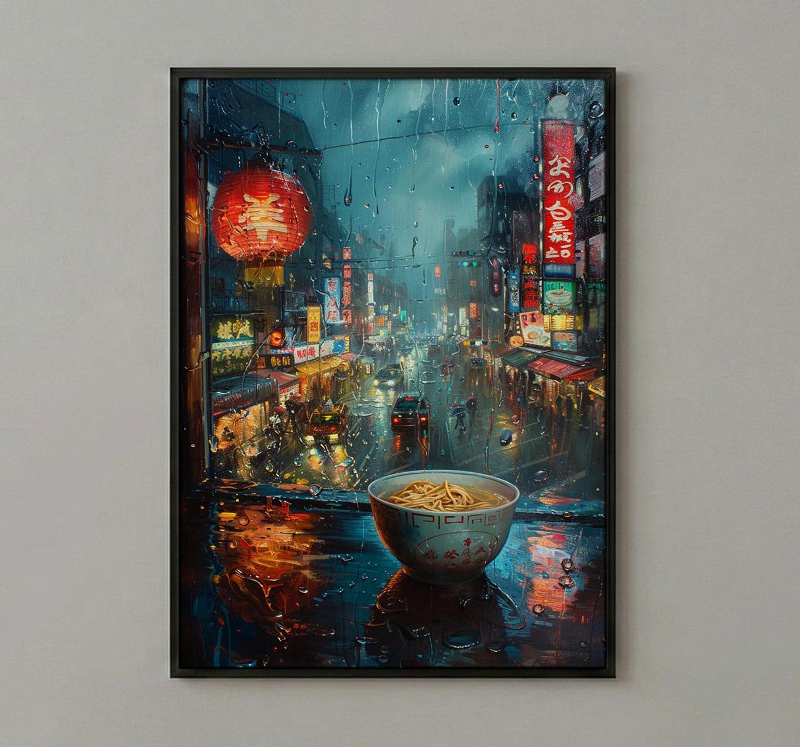 Tokyo Window Poster, Cyberpunk Neon Decor - Rainy City Ramen Bowl — view 2