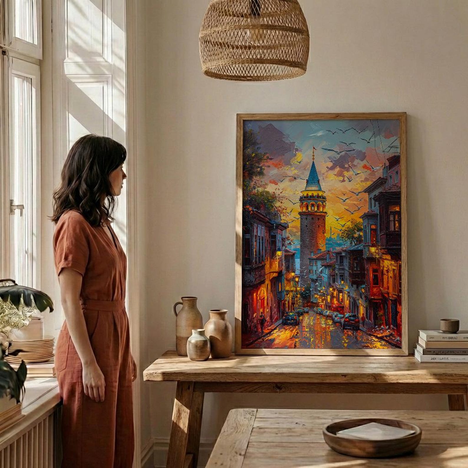 Istanbul Wall Art, Galata Tower Print, Turkey Travel Poster, Impasto Oil Painting, Golden Hour City, Wanderlust Decor, Urban — view 4