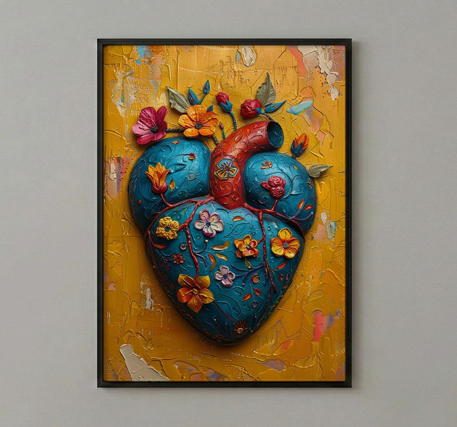 Mexican Heart Art, Corazon Milagro, Folk Art Print, Impasto Oil Painting, Frida Style Decor, Colorful Wall Art, Sacred Heart — view 3