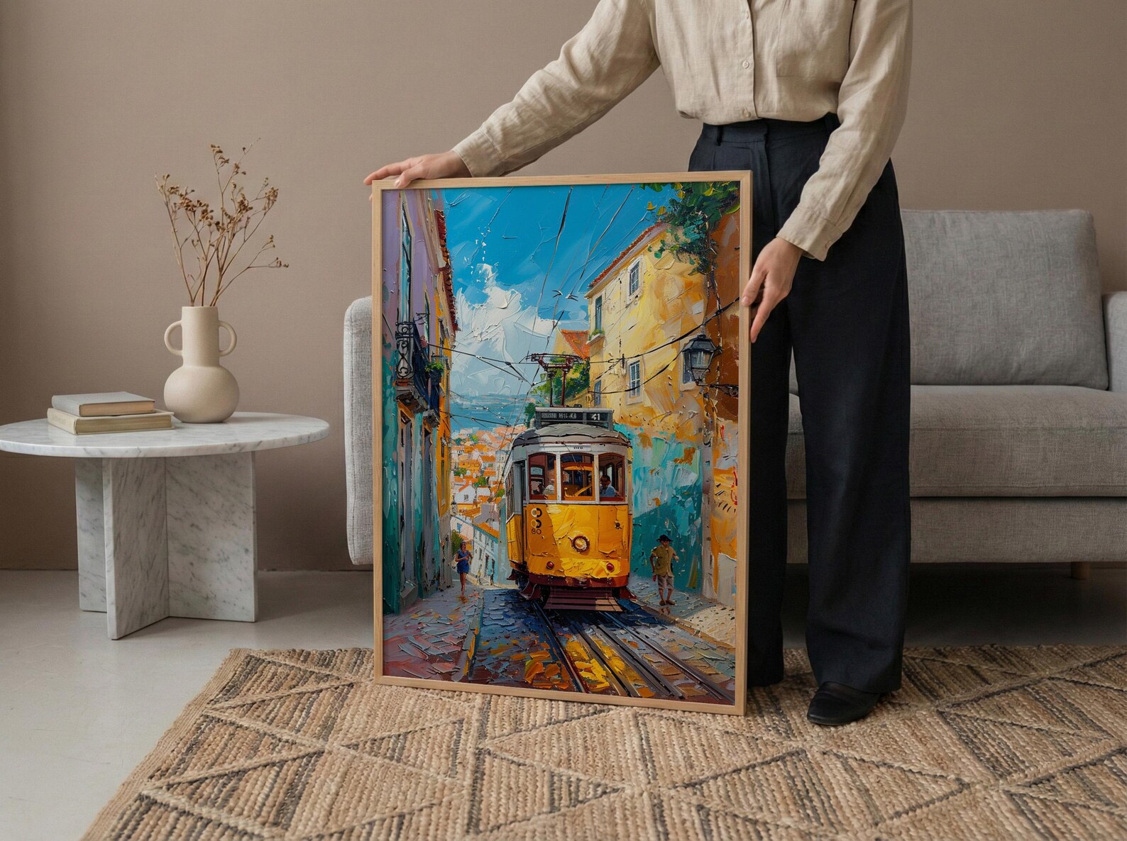 Lisbon Tram Art Print, Portugal City Decor - Cobblestone Street — view 6