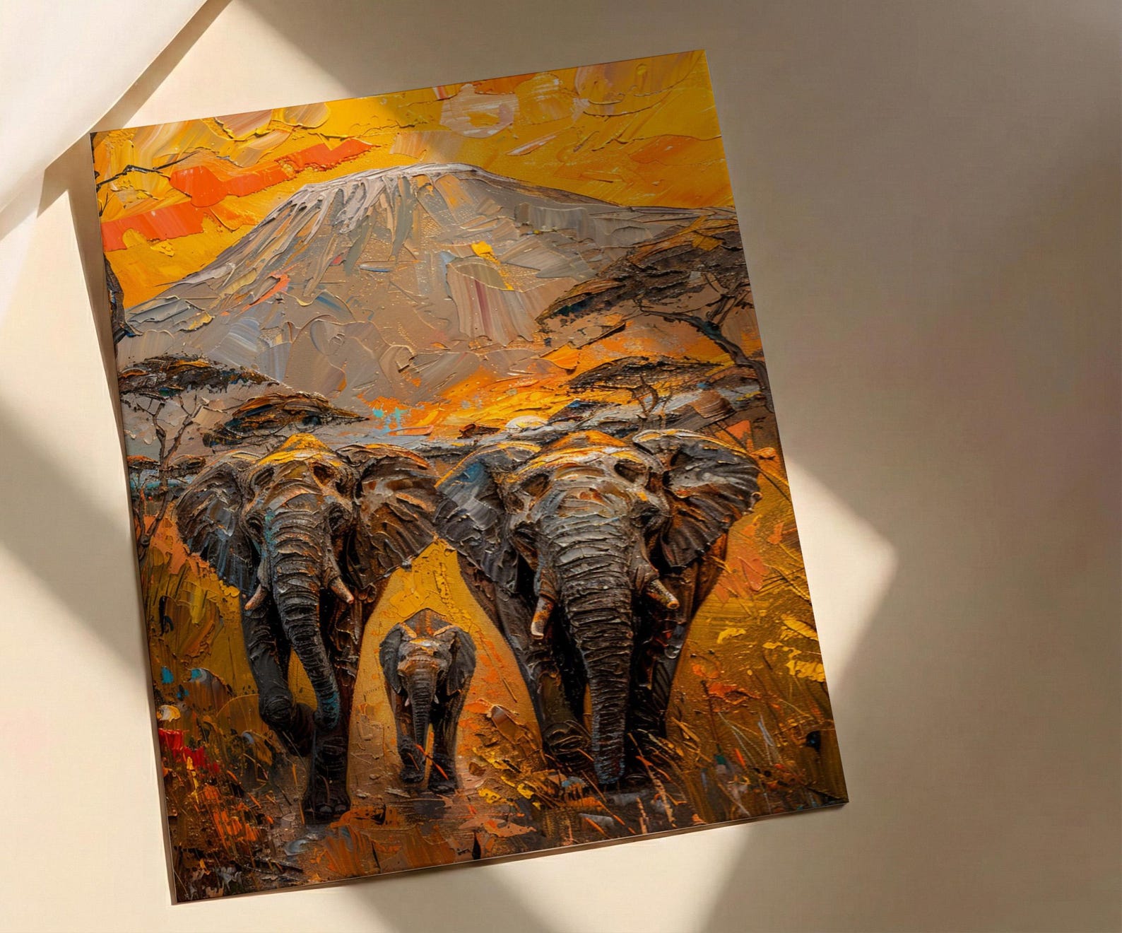 African Elephant Oil Painting Poster, Safari Nursery Wall Art, Impasto Art Print, Kilimanjaro Sunset, Textured Look Wildlife Decor — view 4