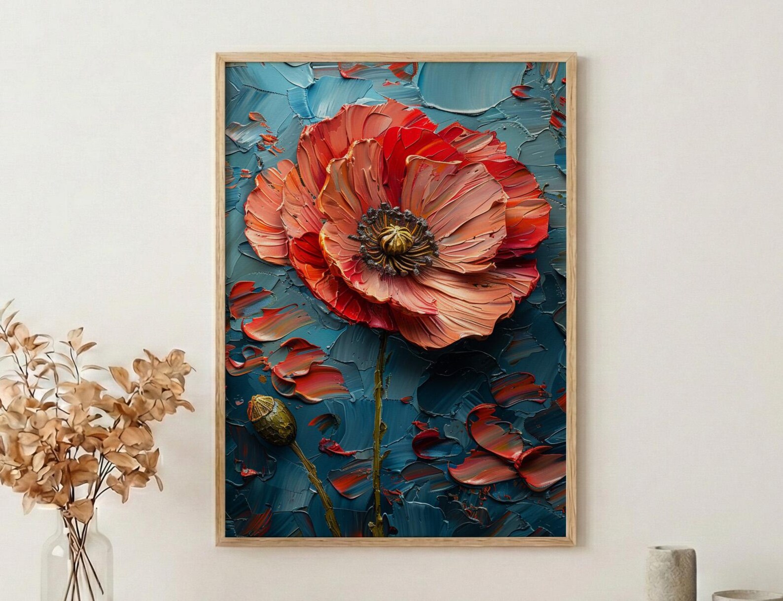 Red Poppy Flag Wall Art, Floral Patriotic Decor - Abstract Botanical Print
