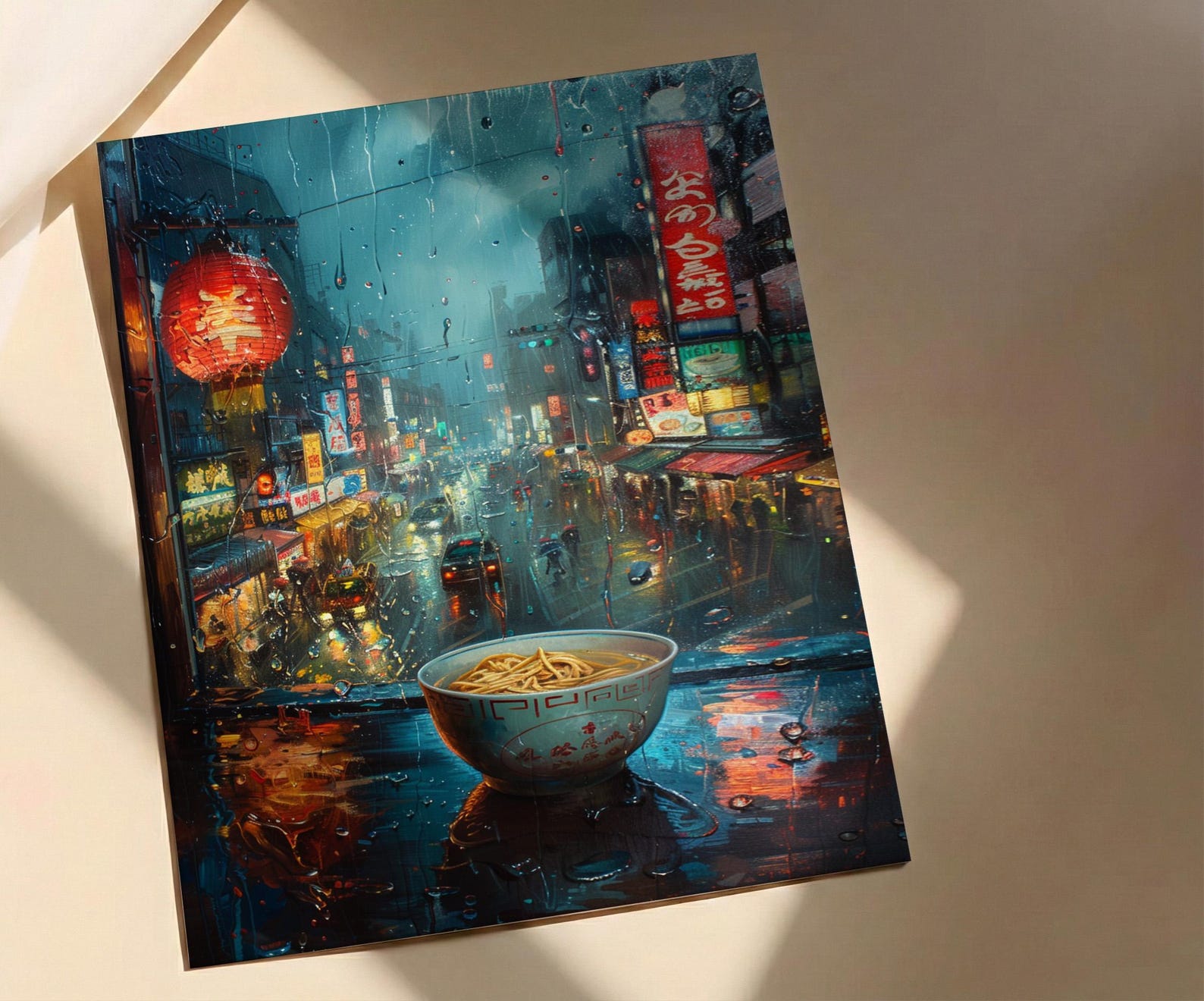 Tokyo Window Poster, Cyberpunk Neon Decor - Rainy City Ramen Bowl — view 4