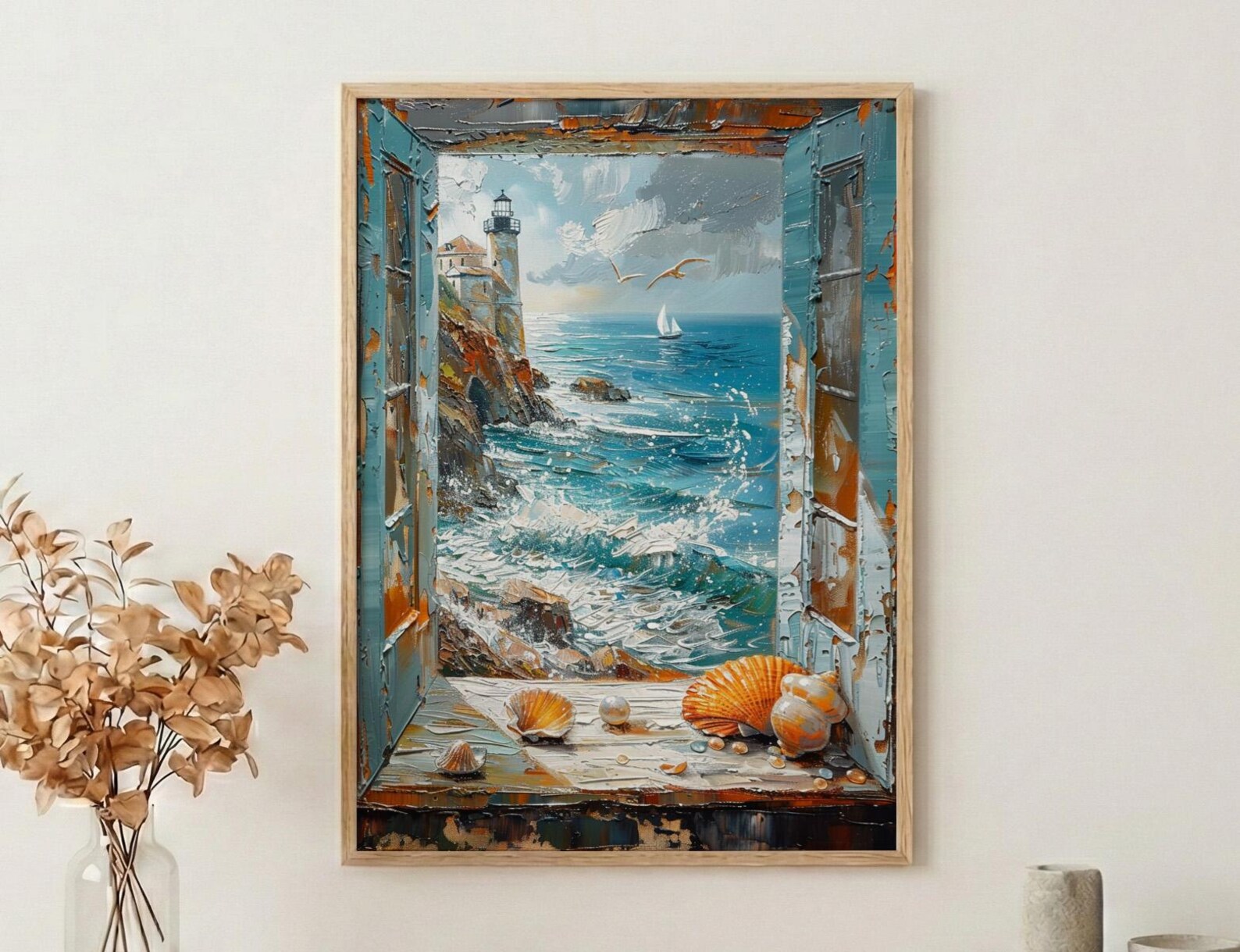 Mermaid Window Art Print, Stormy Ocean Wall Decor - Pearl Sea Shell Landscape