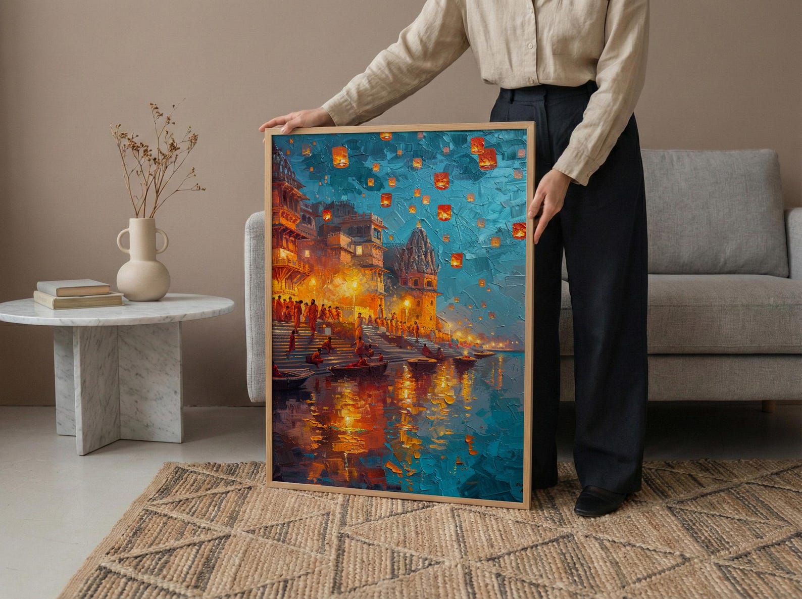 Varanasi Lantern Festival Oil Painting Poster, Ganges River Night Art Print, Indian Spiritual Wall Art, Floating Lanterns, Impasto Art — view 5