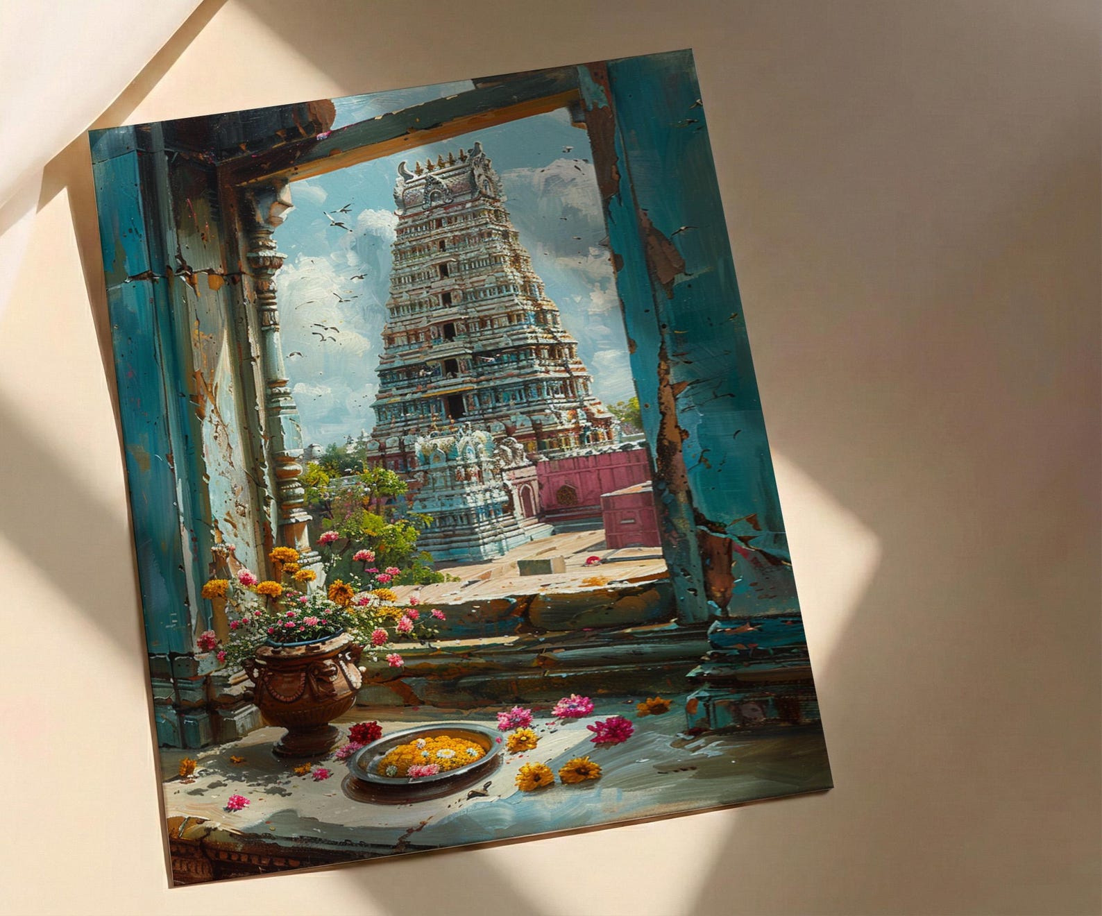 India Temple Art Print, Spiritual Window Decor - Colorful Gopuram Poster — view 3