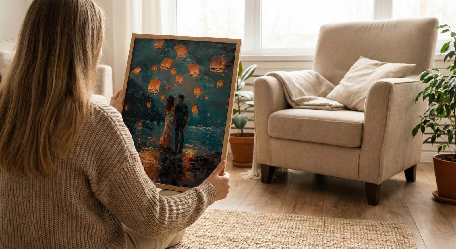 Thailand Wall Art, Chiang Mai Lantern Art Print, Night Sky Poster, Romantic Couple Painting, Asian Festival Decor — view 6