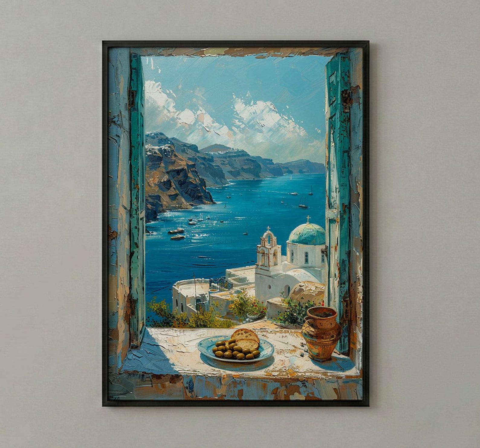 Santorini Window Art Print, Blue Dome Decor - Aegean Sea Greek Landscape — view 2