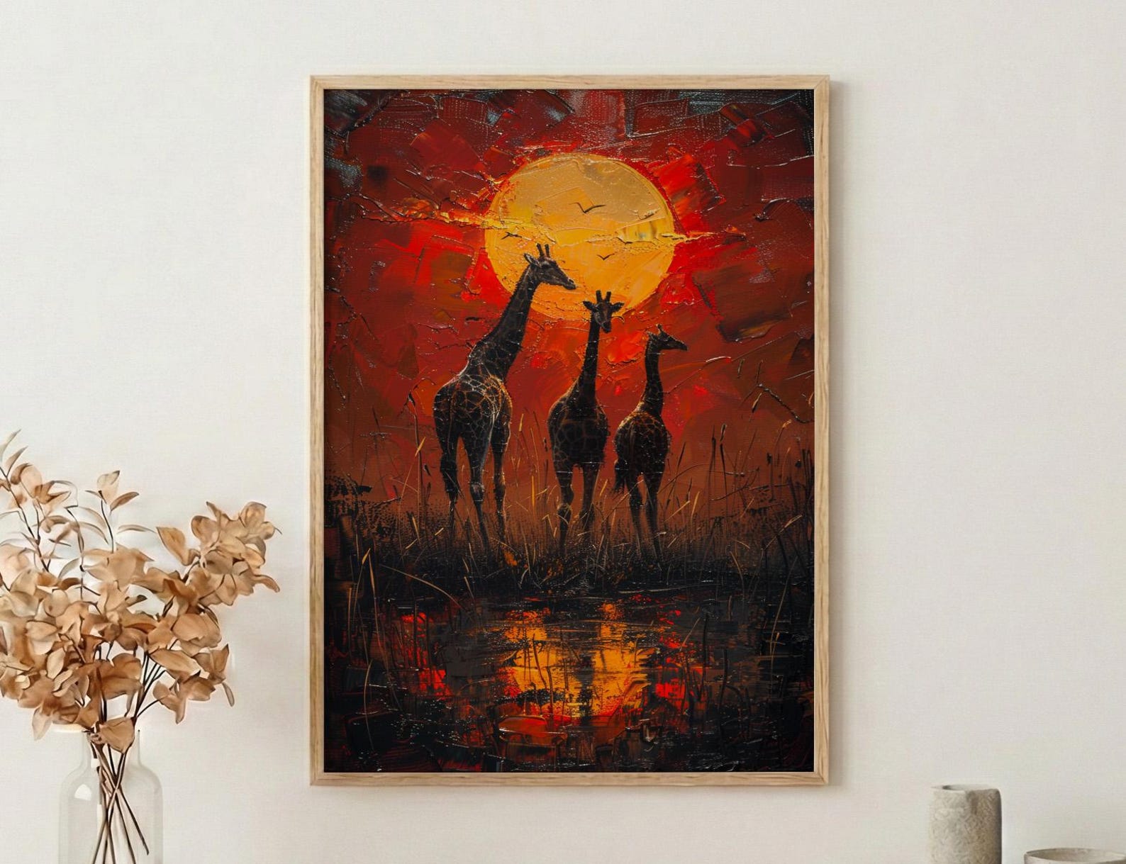 Giraffe Sunset Art Print, African Savanna Decor - Golden Grass Landscape
