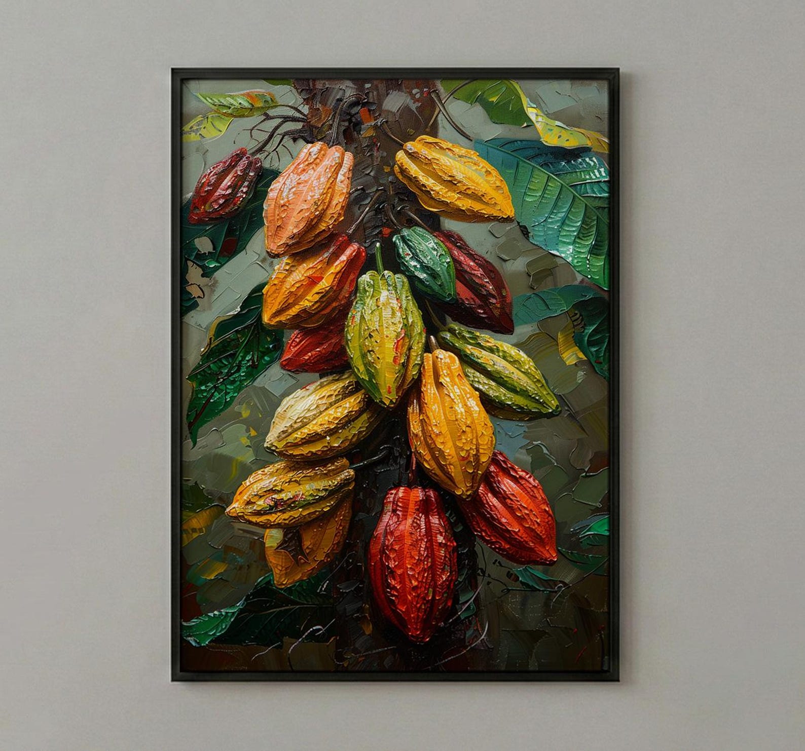 Cacao Pod Tree Wall Art, Exotic Nature Decor - Red Yellow Fruit Summer Jungle — view 2
