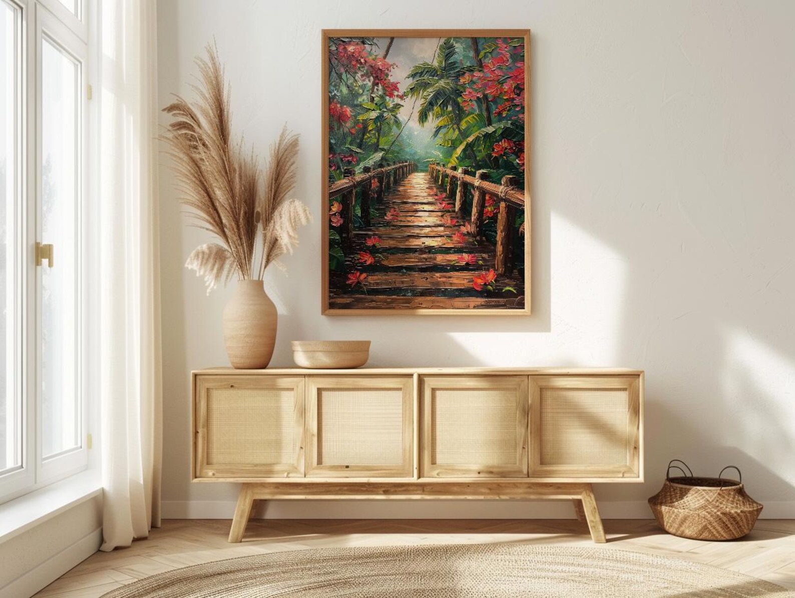 Costa Rica Jungle Poster, Red Heliconia Decor - Bridge Landscape — view 3
