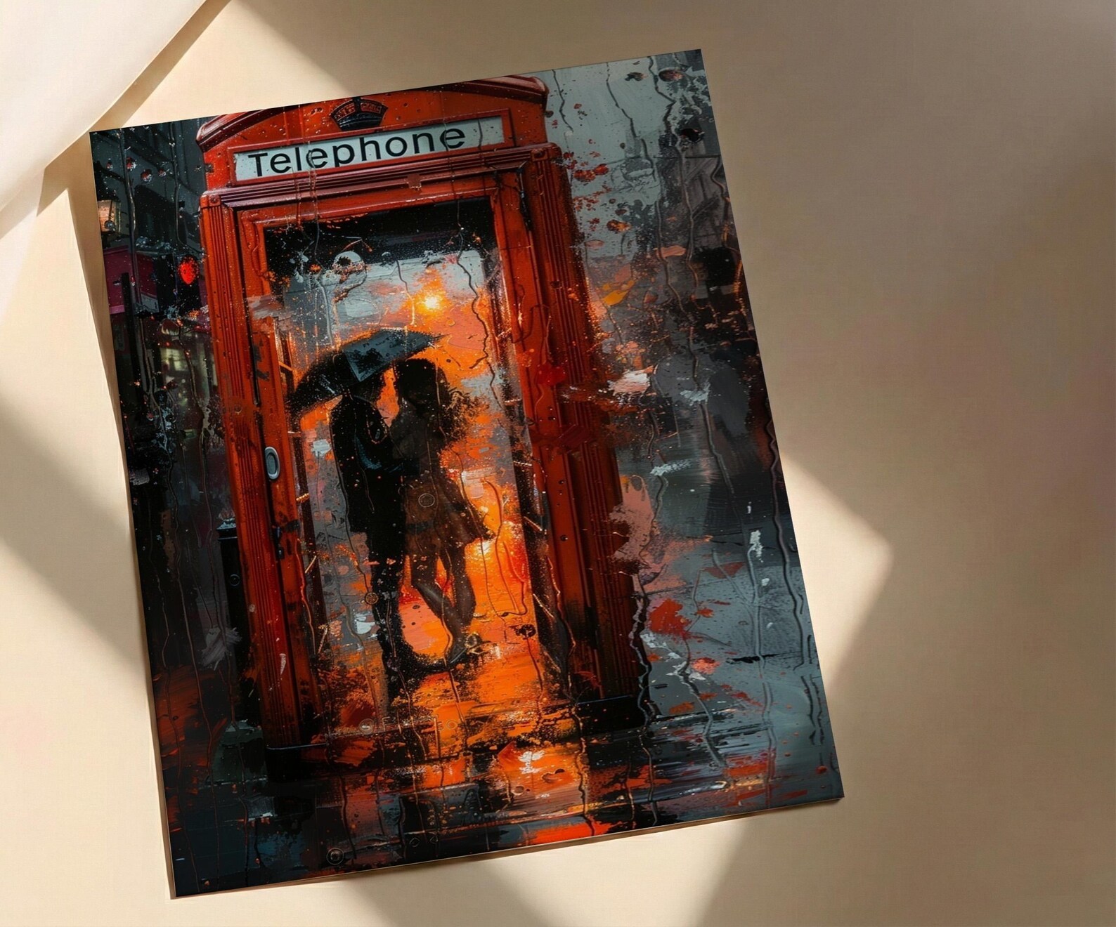 London Wall Art, Red Phone Booth, Rainy City Print, Impasto Oil Painting, UK Travel Decor, Romantic Couple Art, British Style — view 3